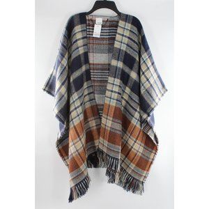 New Sonoma Navy Blue / Tan Plaid Topper Ruana Poncho